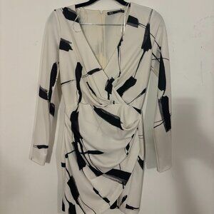 Zara Long Sleeve Black and White Marble Deep V Dress. Brand New Size XS